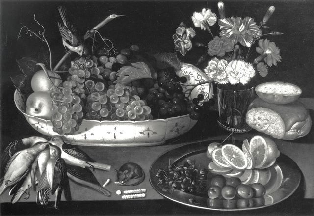 Christie's — Codino Francesco - sec. XVII - Natura morta con terrina di frutta, selvaggina, vaso di fiori, piatto con limone, olive e capperi, topo con dolci — insieme